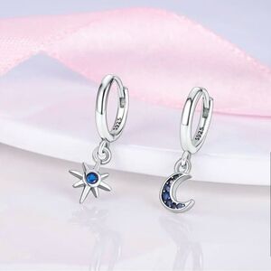 Celestial Star & Moon Blue Zircon Sterling S925 Silver Earrings